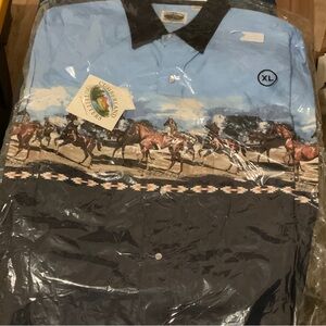 Cumberland Outfitters Blue and Black Western Shirt with Horse Print